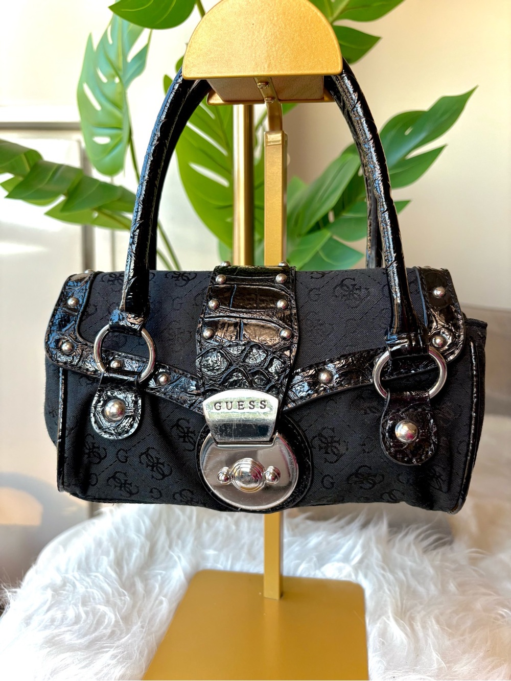 Vintage GUESS Sicily Mini Black Monogram Silver Studded Y2K Bowler Mini Bag